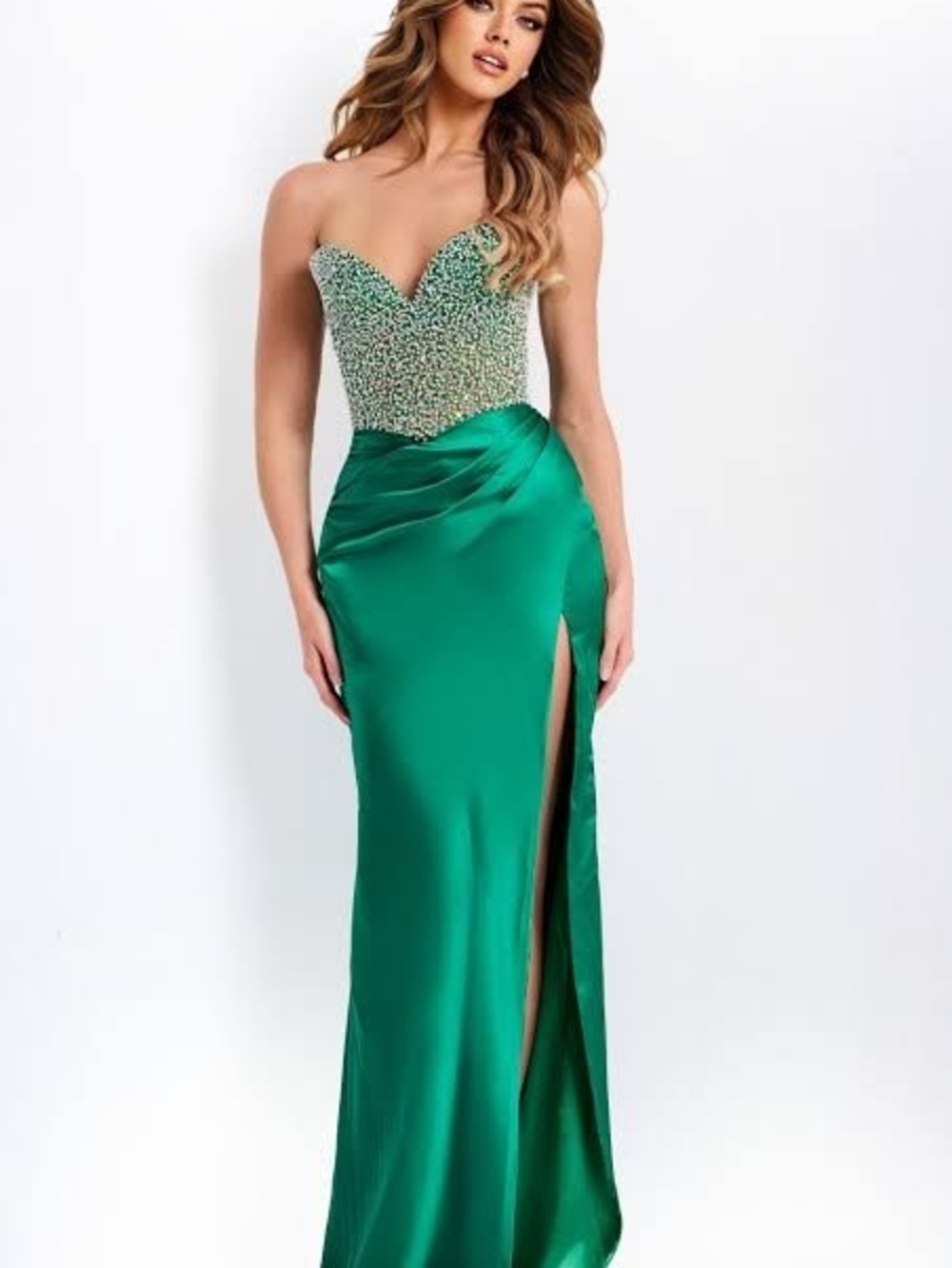 Jovani Emerald Green Strapless Beaded Bodice Satin Gown